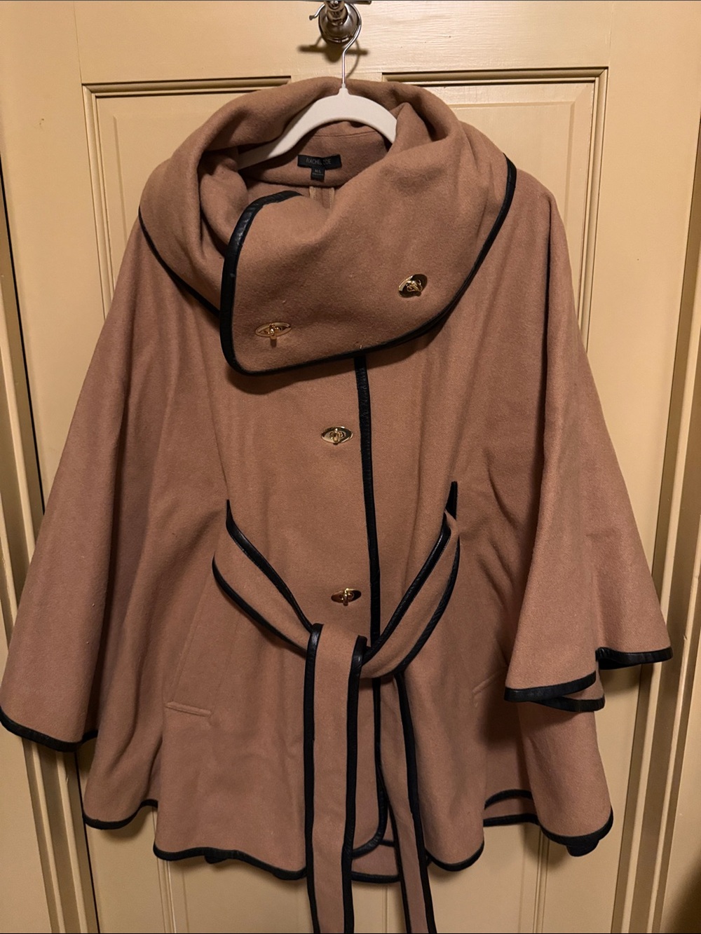 Rachel Zoe Camel Poncho with Black Trim and Gold Buttons
